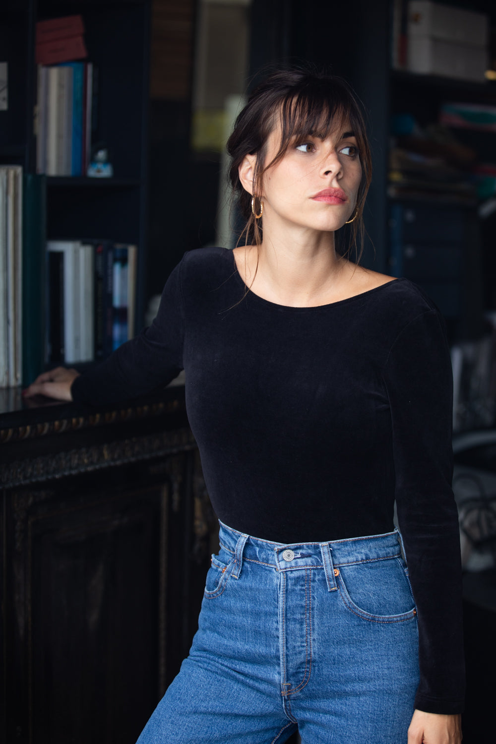 Women's black backless velvet bodysuit