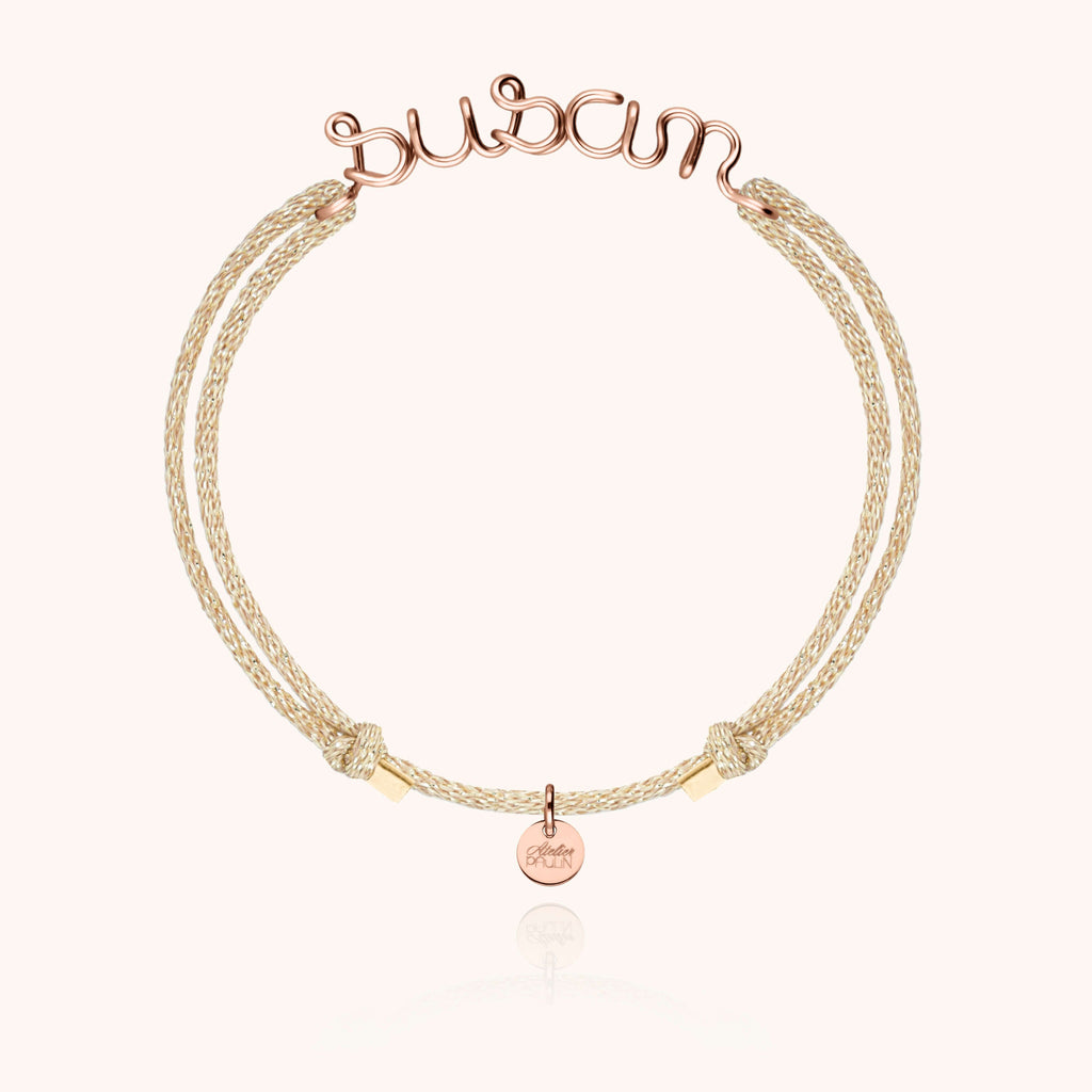 Bracelet Cordon Lurex Personnalisé porté au poignet — or rose laminé livraison express sécurisée