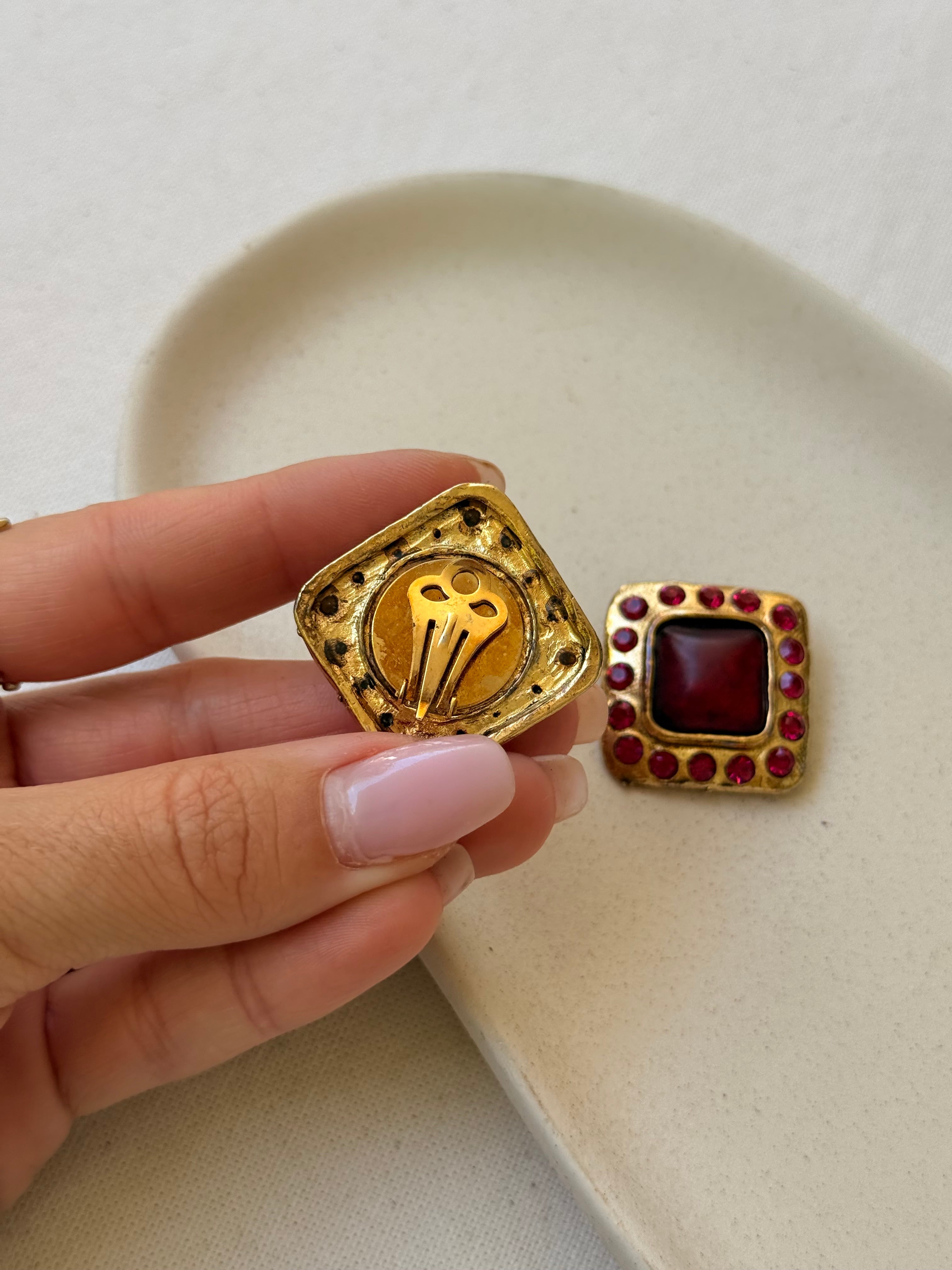Pendientes Vintage - Cabujones Rojos Y Strass