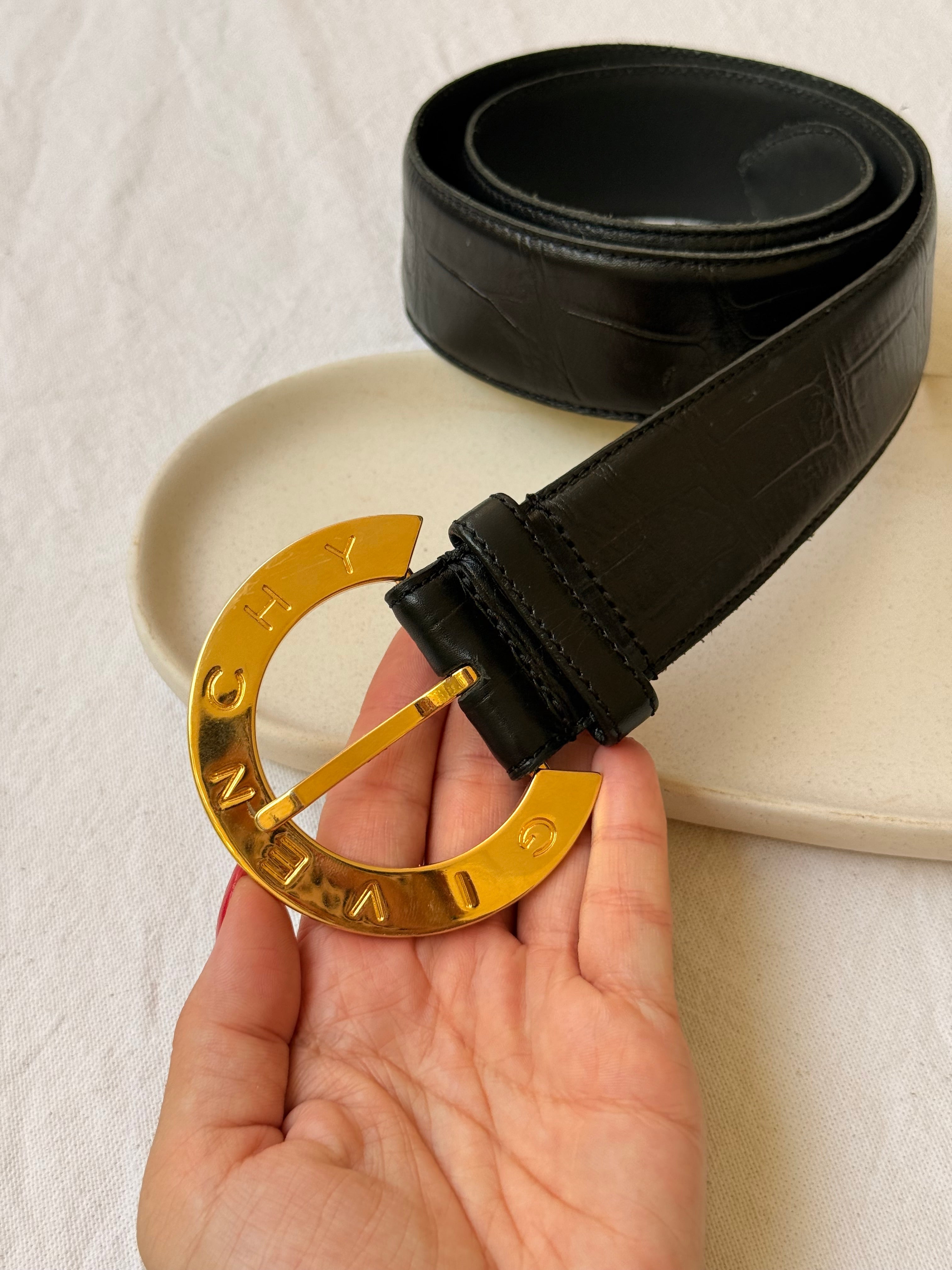 Vintage Givenchy Belt - Black Leather And Gold-Tone Logo Buckle