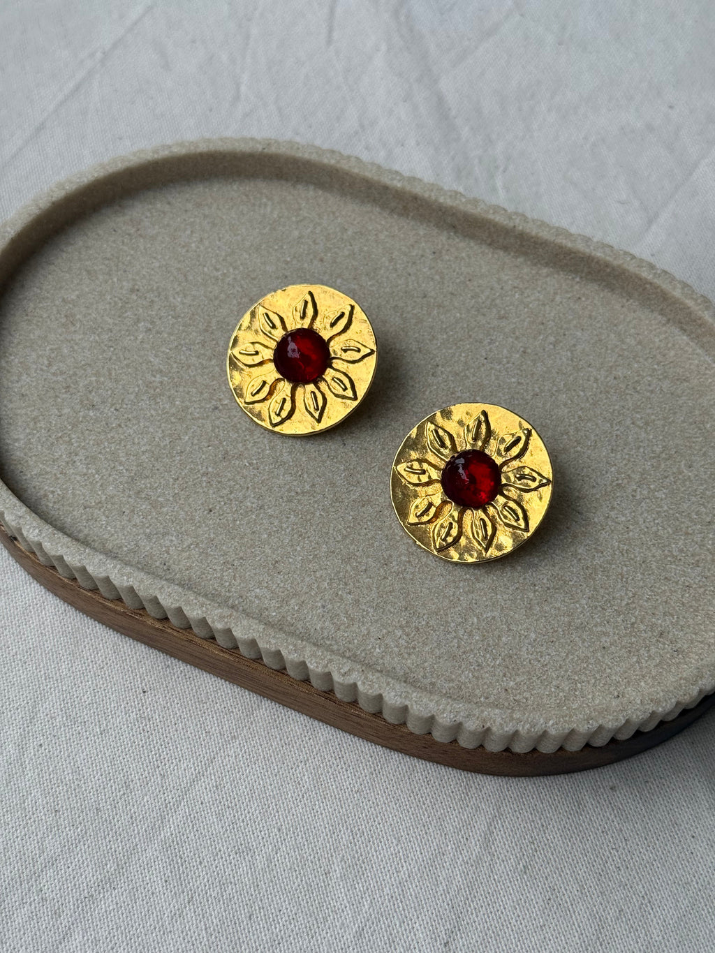 Vintage Carita Earrings - Golden Flowers and Red Cabochon