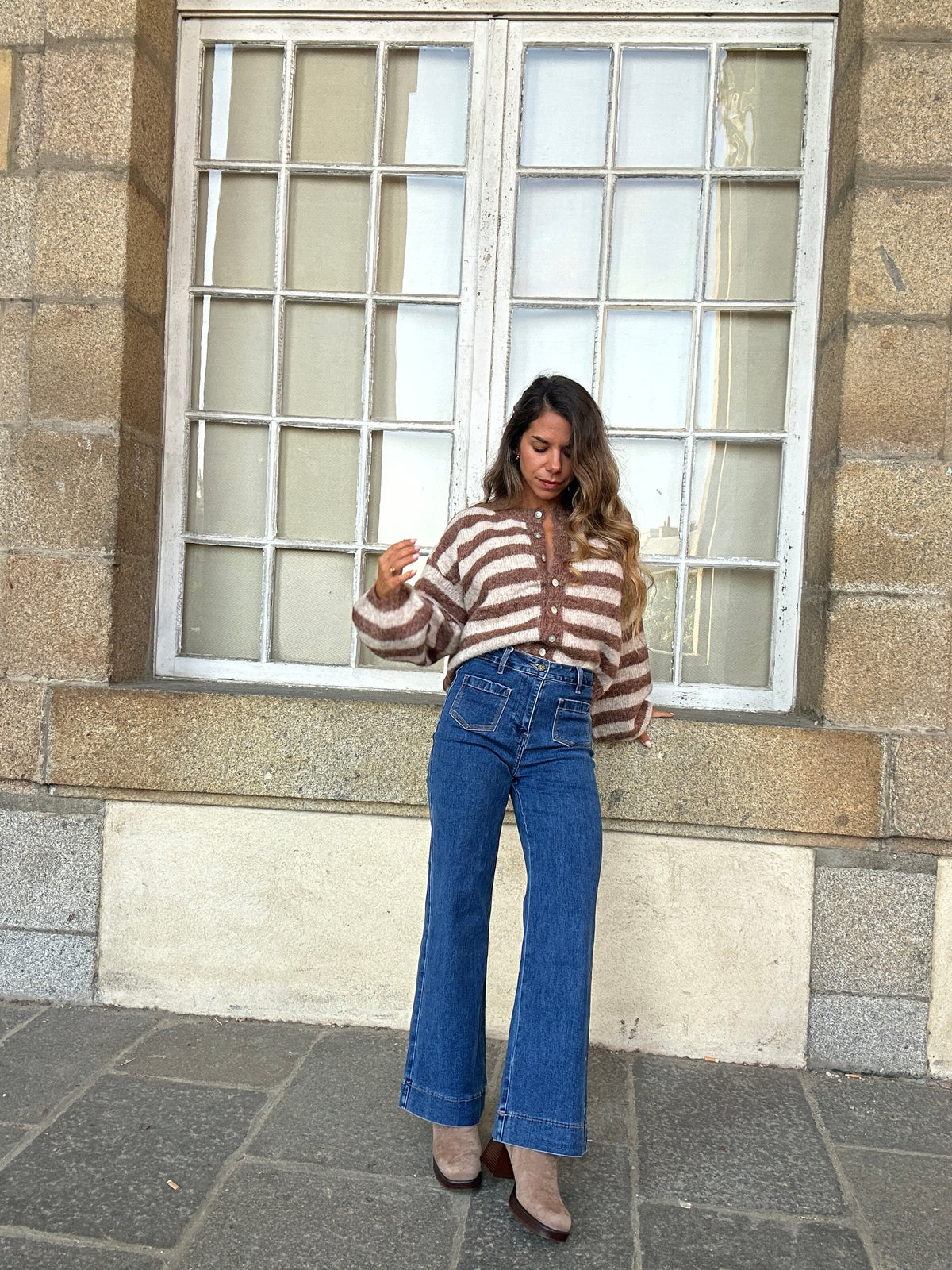 Véra camel and beige striped cardigan