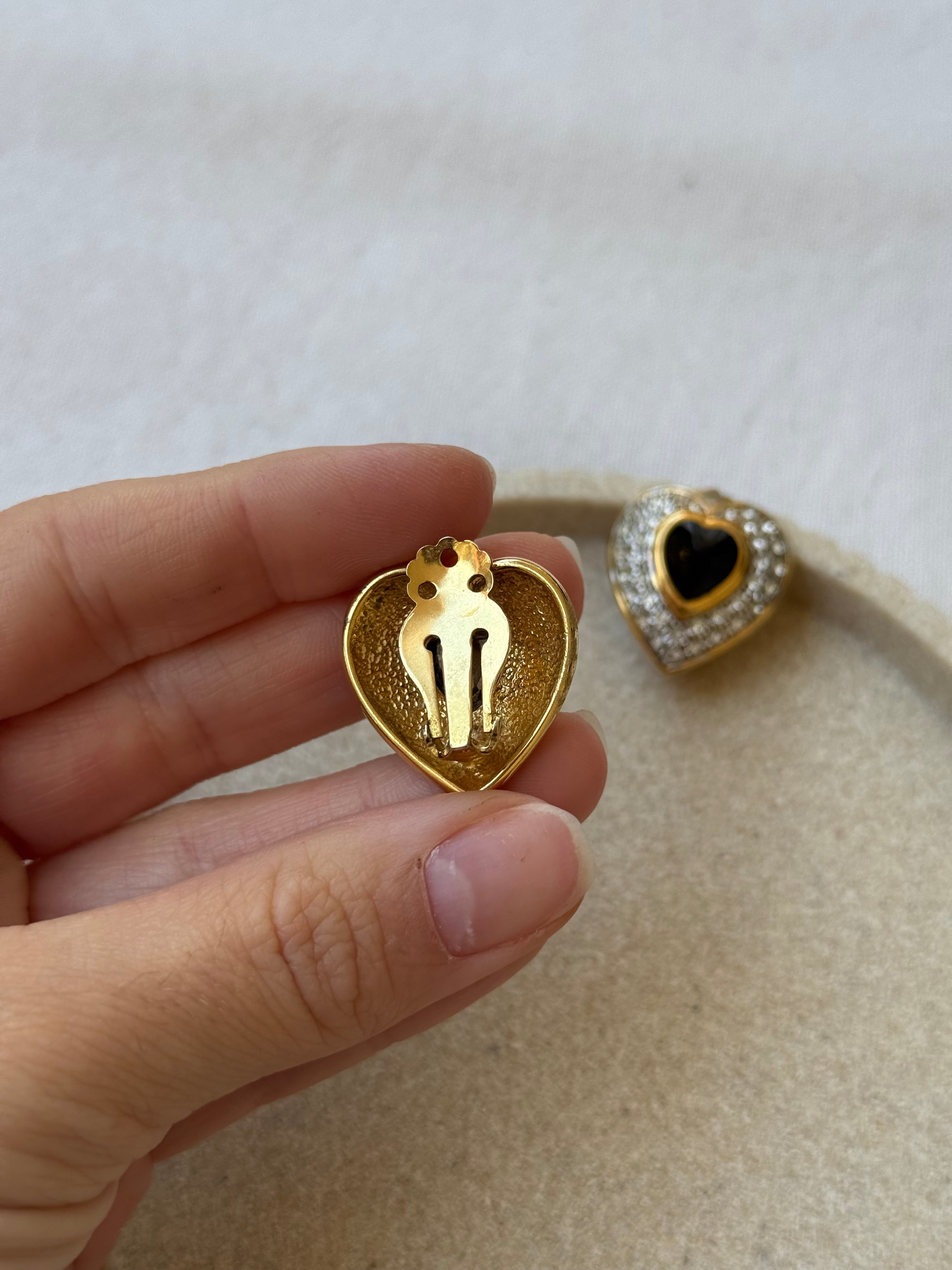 Vintage Earrings - Rhinestone Hearts And Black Cabochon