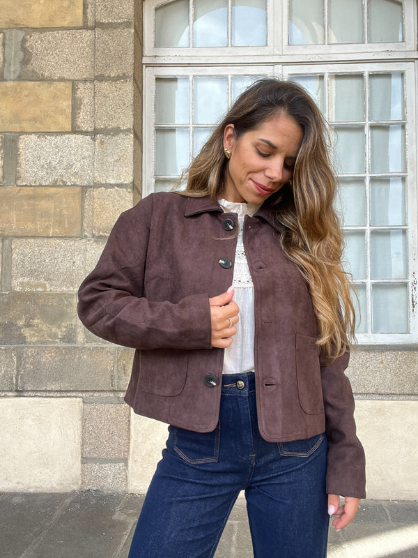 Thelma chocolate faux suede jacket