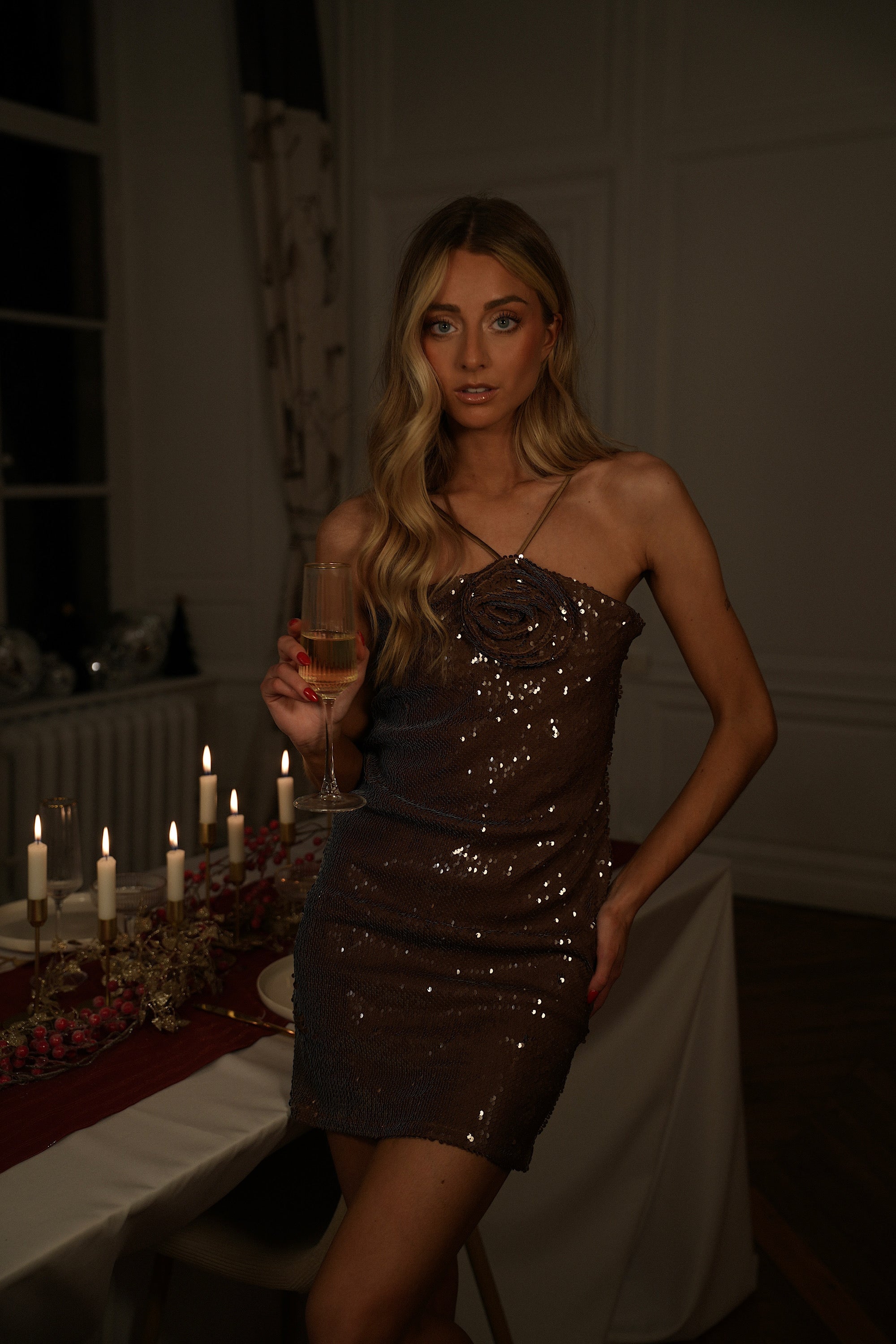 Dora Sequin Dress - Taupe