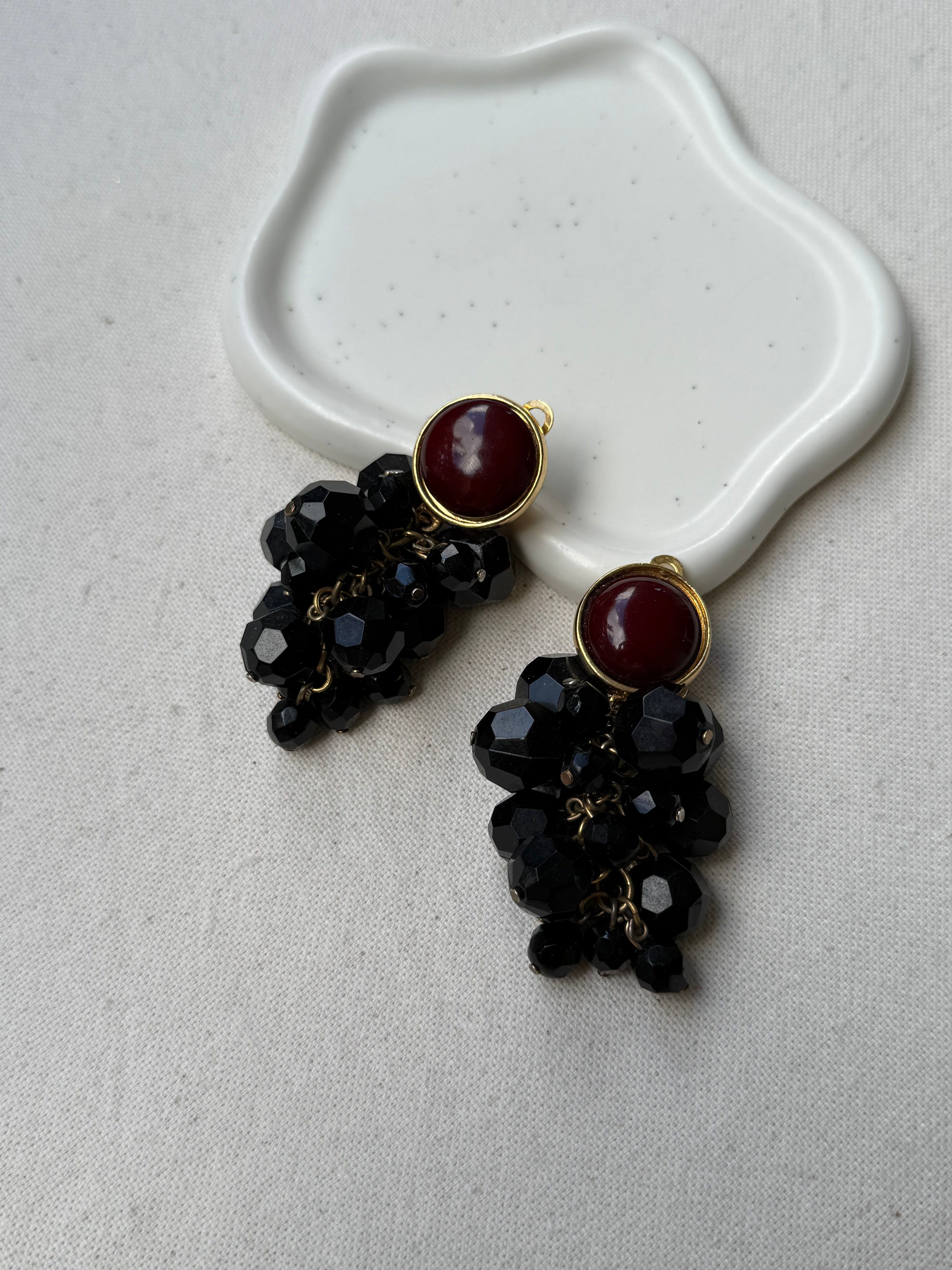 Pendientes Georges Rech Vintage - Racimos Negros Y Cabujones Burdeos