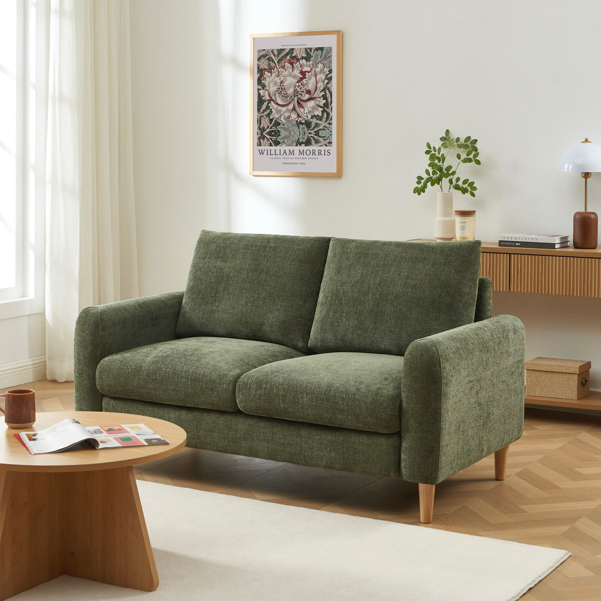 Caliba - Fixed 2-Seater Straight Sofa - Green Chenille Fabric
