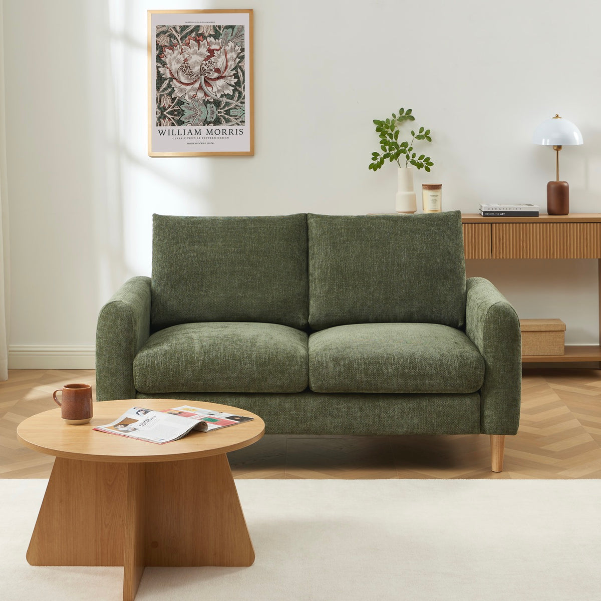Caliba - Fixed 2-Seater Straight Sofa - Green Chenille Fabric
