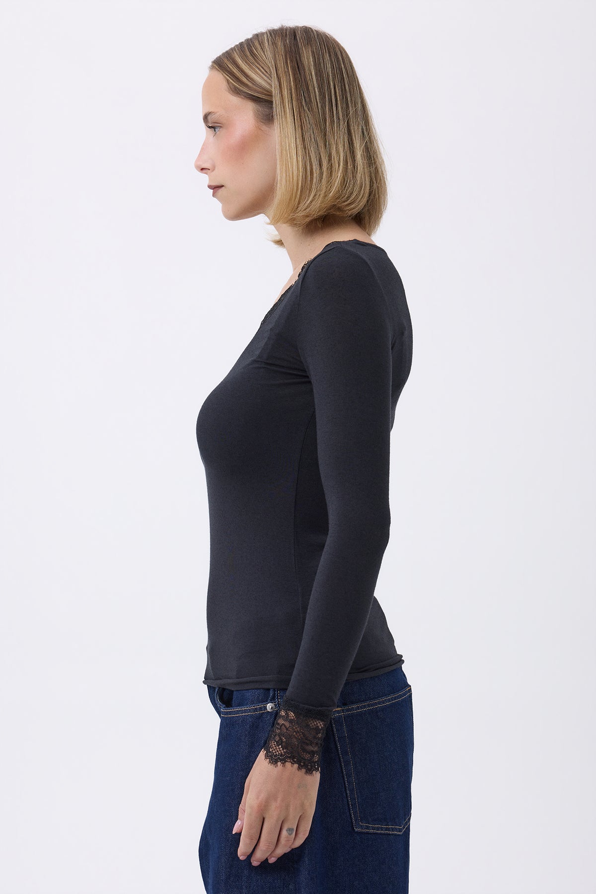 T-Shirt V-Ausschnitt Spitze Capri - Schwarz - Damen