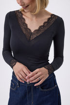 T-Shirt V-Ausschnitt Spitze Capri - Schwarz - Damen