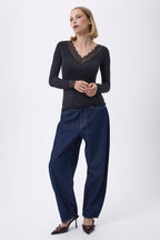 T-Shirt V-Ausschnitt Spitze Capri - Schwarz - Damen