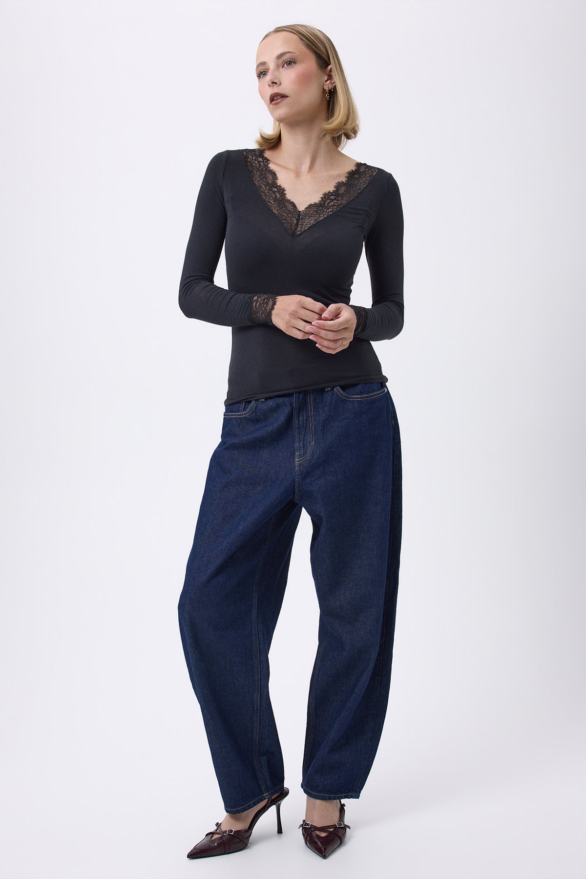 T-Shirt V-Ausschnitt Spitze Capri - Schwarz - Damen
