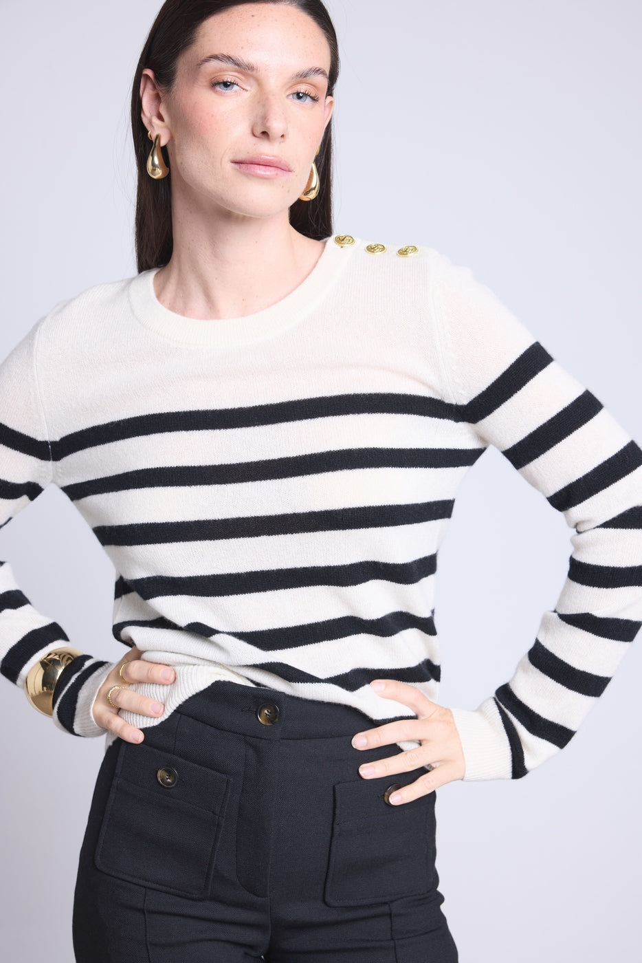 Pull Mariniere Carole - Blanc Noir - Femme - 100% Cachemire