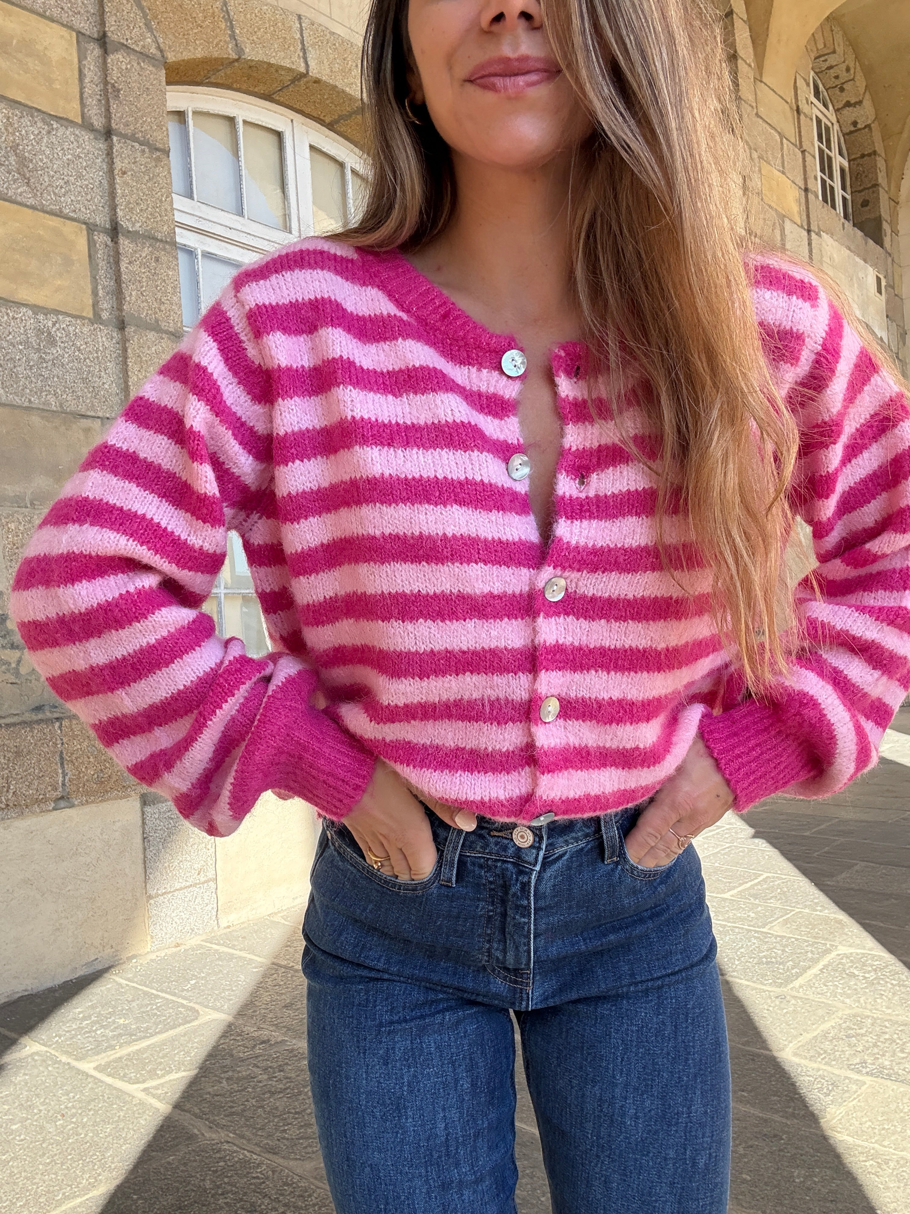Pink And Red Striped Solela Cardigan