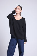 Pull Col V Poncho Celeste - Noir - Femme