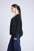 Pull Col V Poncho Celeste - Noir - Femme