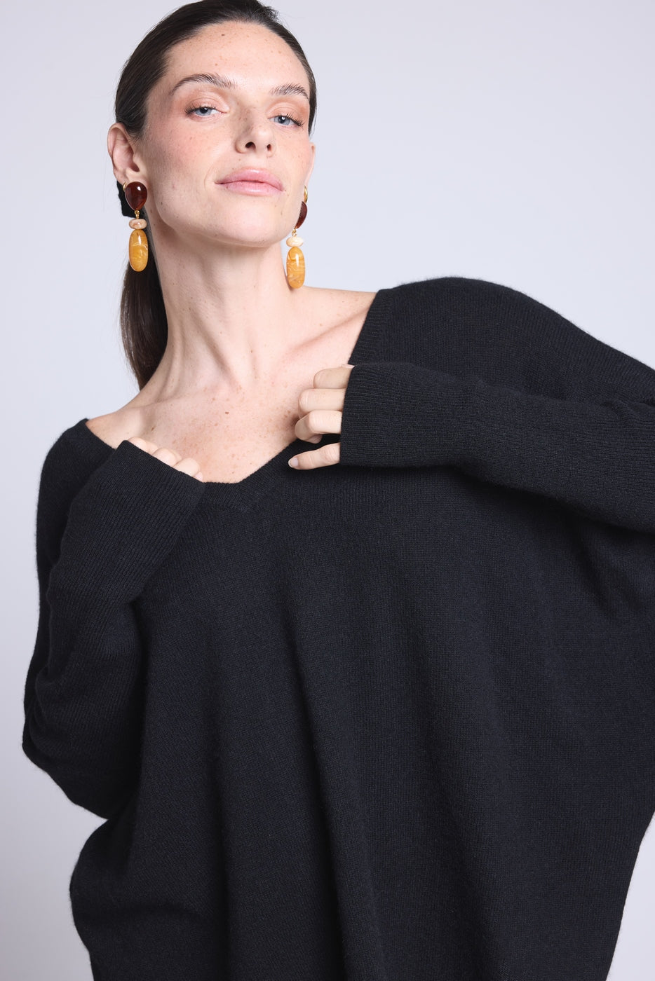 Pull Col V Poncho Celeste - Noir - Femme