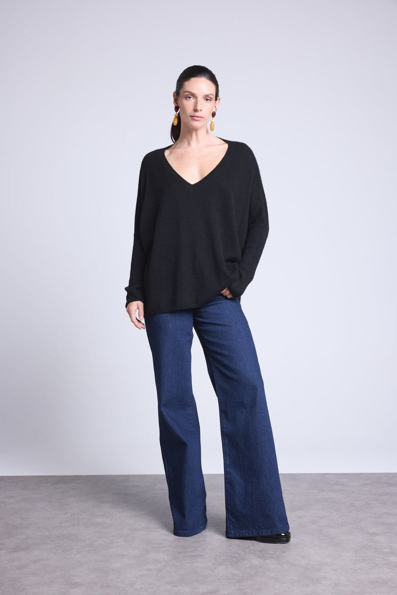Pull Col V Poncho Celeste - Noir - Femme
