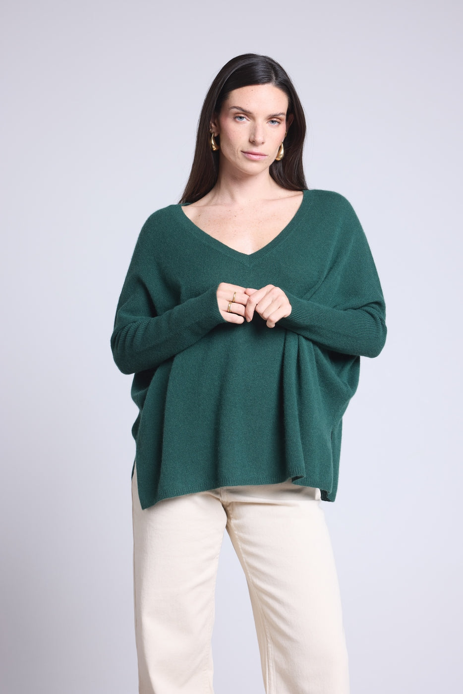 Jersey Cuello en V Poncho Celeste - Verde Botella - Mujer