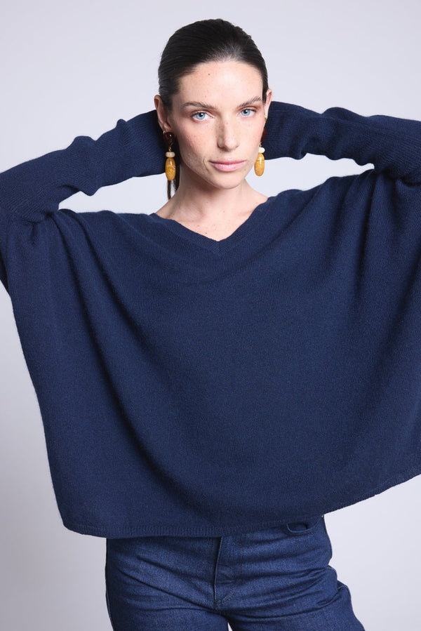 Pull Col V Poncho Celeste - Bleu Marine - Femme