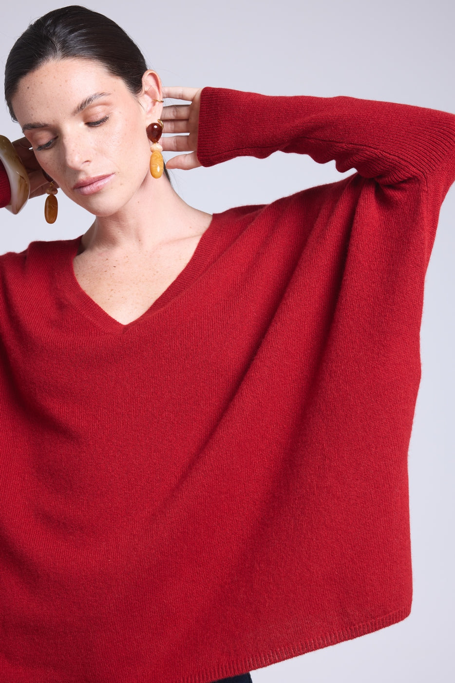 Pull Col V Poncho Celeste - Rouge Bordeau - Femme - 100% Cachemire