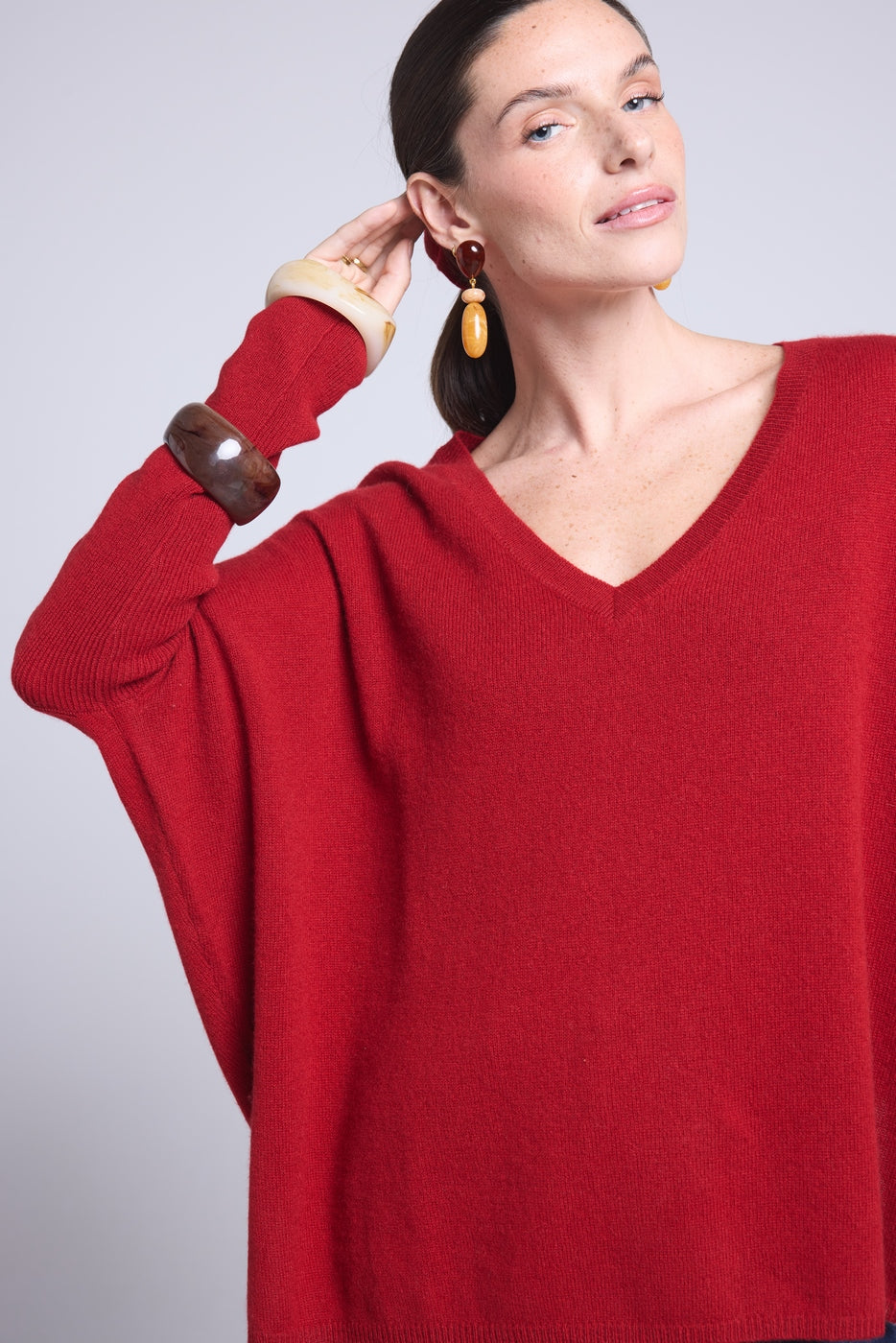 Pull Col V Poncho Celeste - Rouge Bordeau - Femme - 100% Cachemire