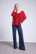 Pull Col V Poncho Celeste - Rouge Bordeau - Femme - 100% Cachemire
