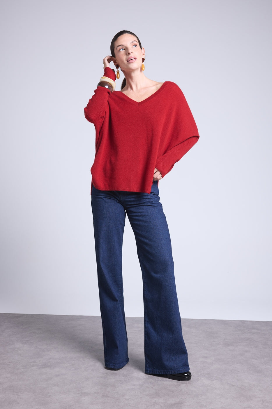 Pull Col V Poncho Celeste - Rouge Bordeau - Femme - 100% Cachemire