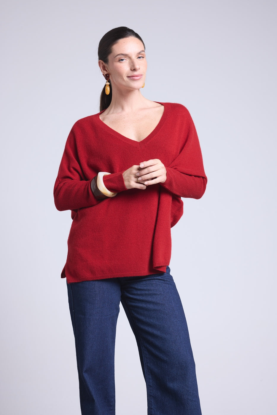 Pull Col V Poncho Celeste - Rouge Bordeau - Femme - 100% Cachemire