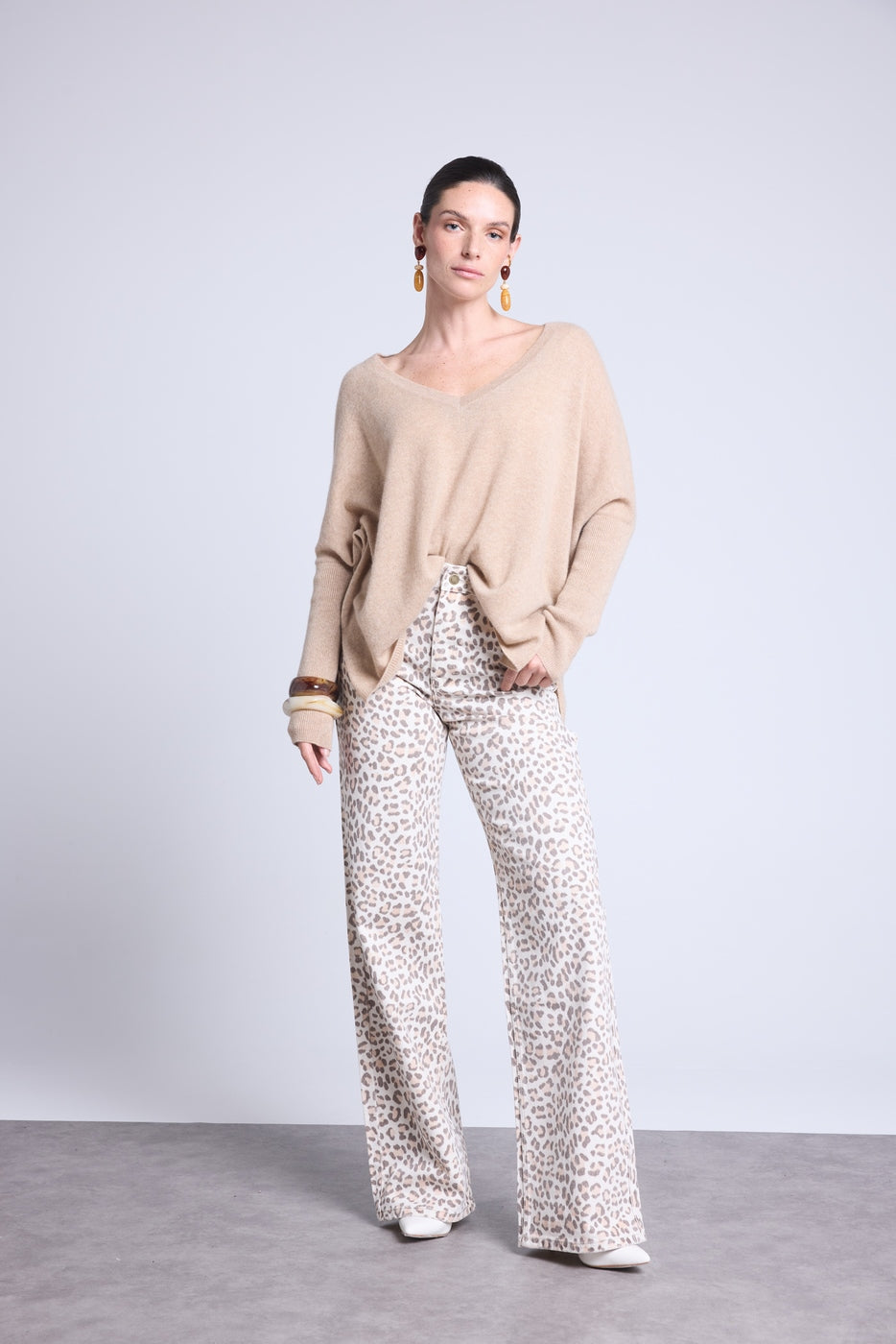 Pull Col V Poncho Celeste - Beige Creme - Femme - 100% Cachemire
