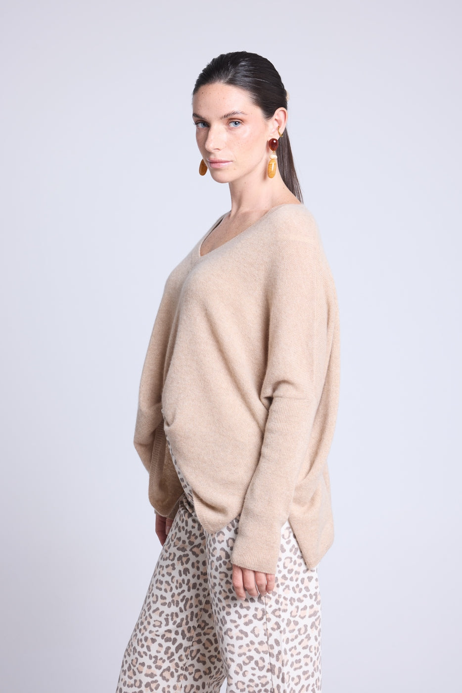 Pull Col V Poncho Celeste - Beige Creme - Femme - 100% Cachemire