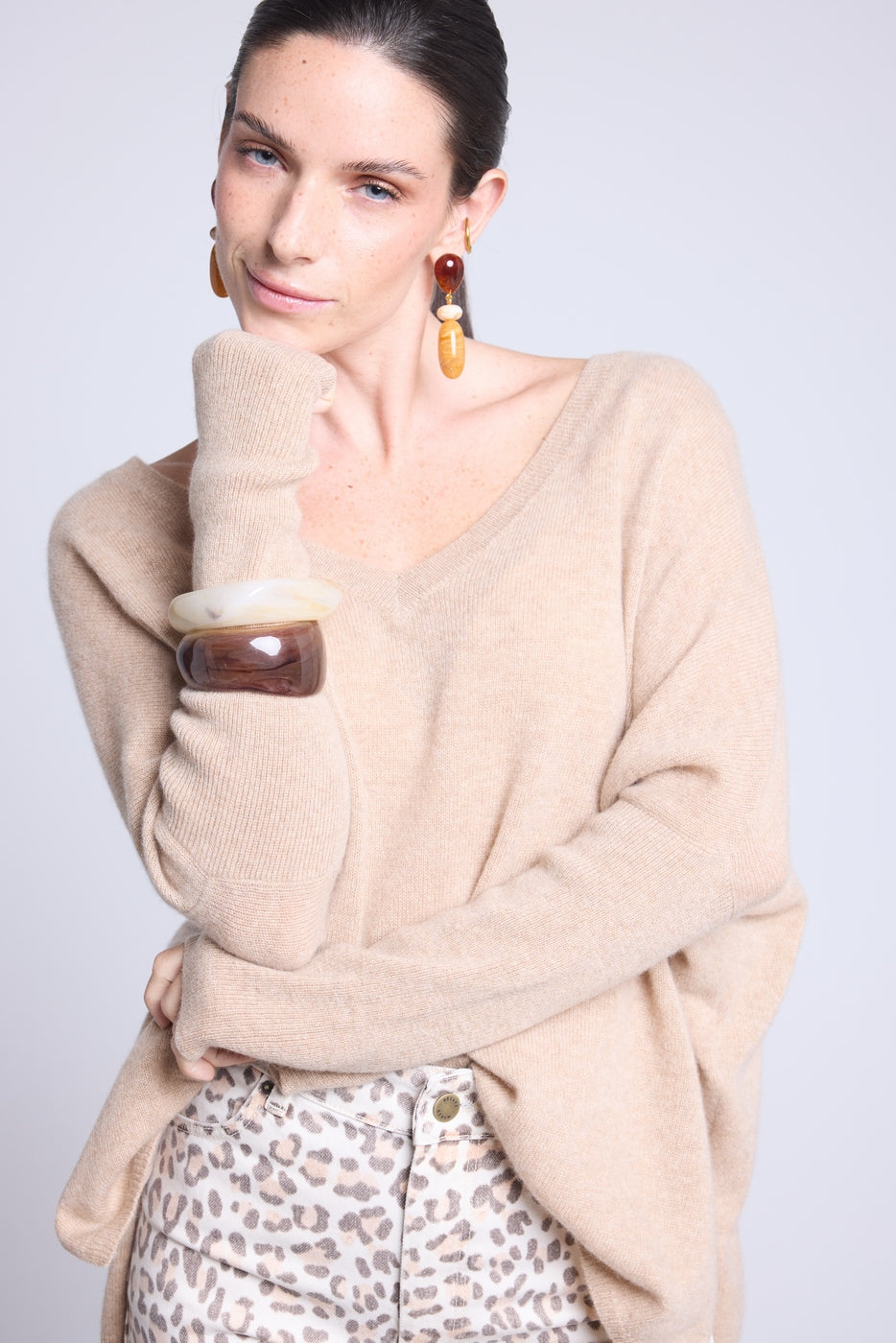 Pull Col V Poncho Celeste - Beige Creme - Femme - 100% Cachemire