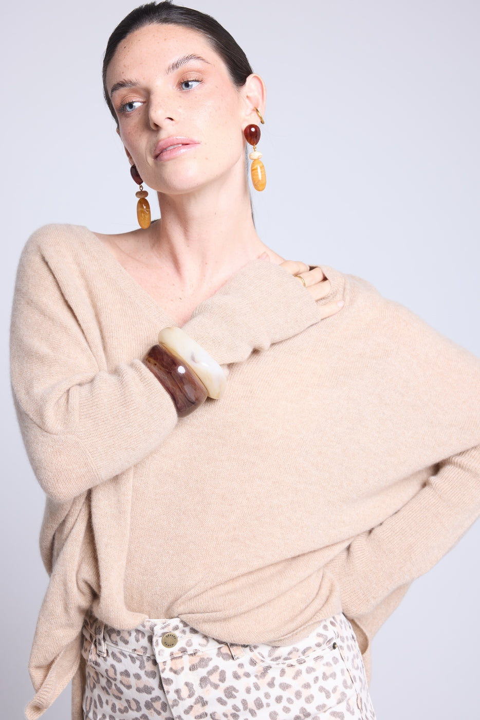 Pull Col V Poncho Celeste - Beige Creme - Femme - 100% Cachemire
