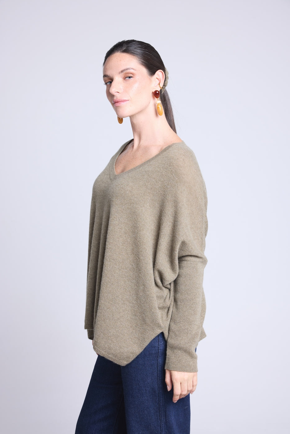 Celeste Poncho V-Neck Jumper - Khaki Green - Women
