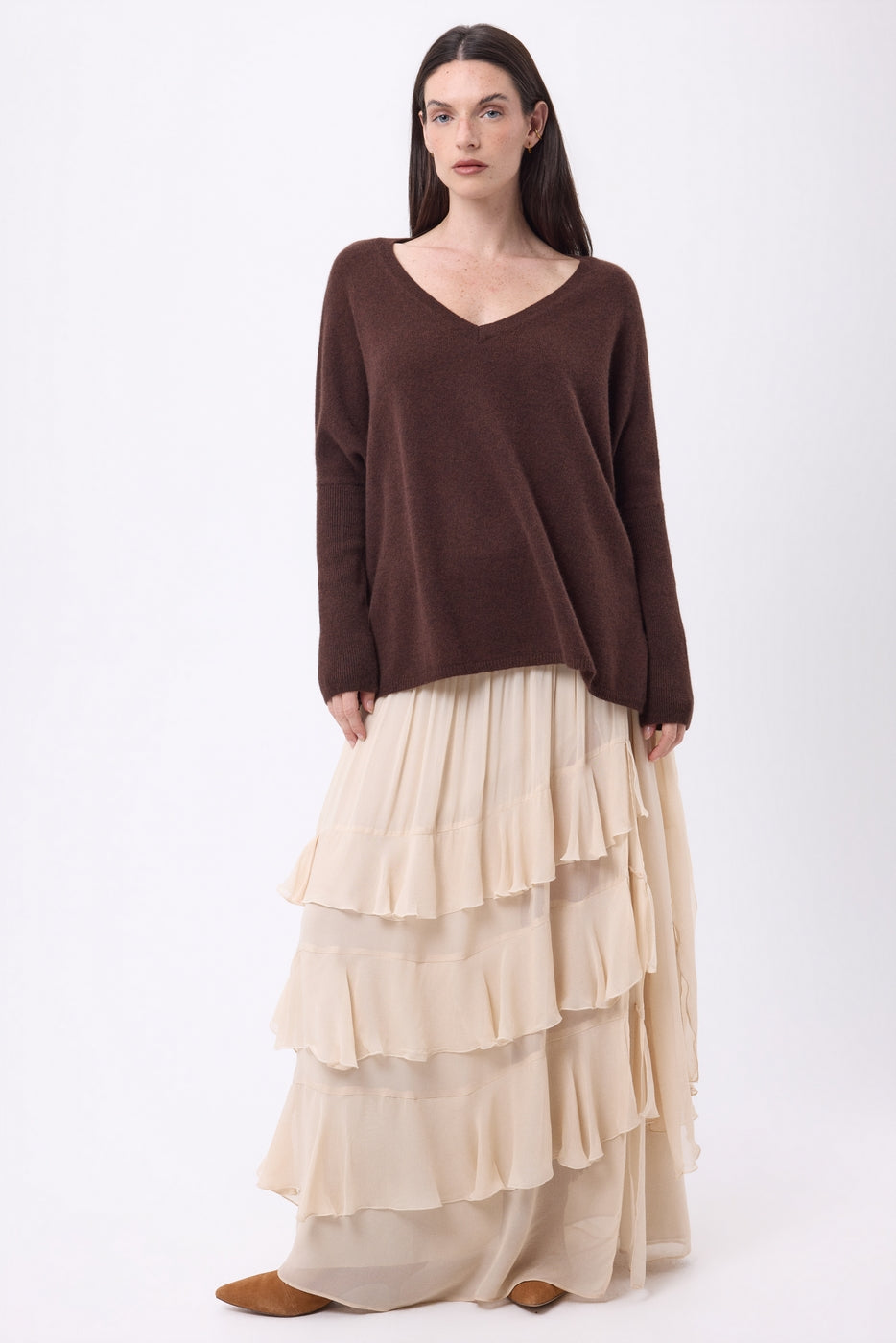 Maglione Scollo A V Poncho Celeste - Marrone Cioccolato - Donna - 100% Cashmere