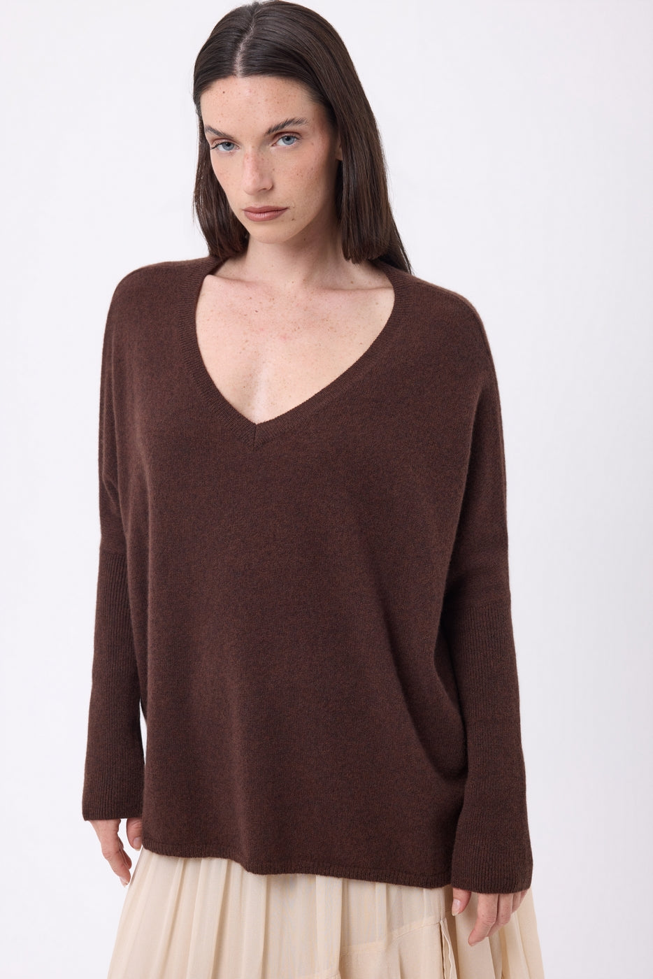 Maglione Scollo A V Poncho Celeste - Marrone Cioccolato - Donna - 100% Cashmere