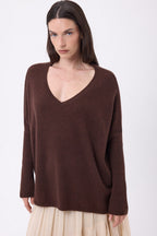 Maglione Scollo A V Poncho Celeste - Marrone Cioccolato - Donna - 100% Cashmere