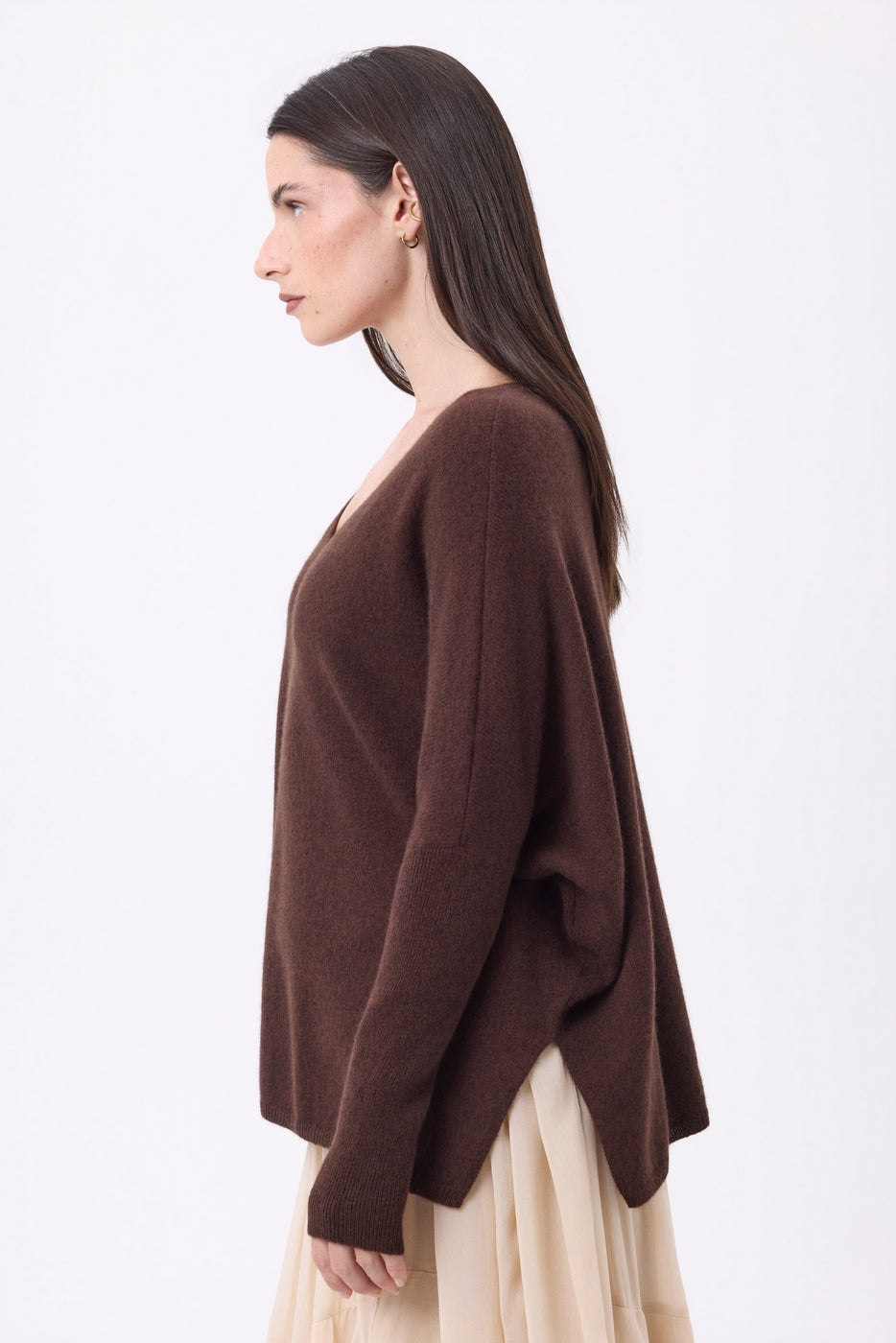 Maglione Scollo A V Poncho Celeste - Marrone Cioccolato - Donna - 100% Cashmere