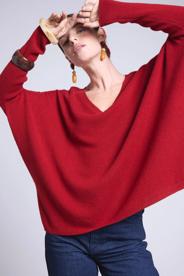 Pull Col V Poncho Celeste - Rouge Bordeau - Femme