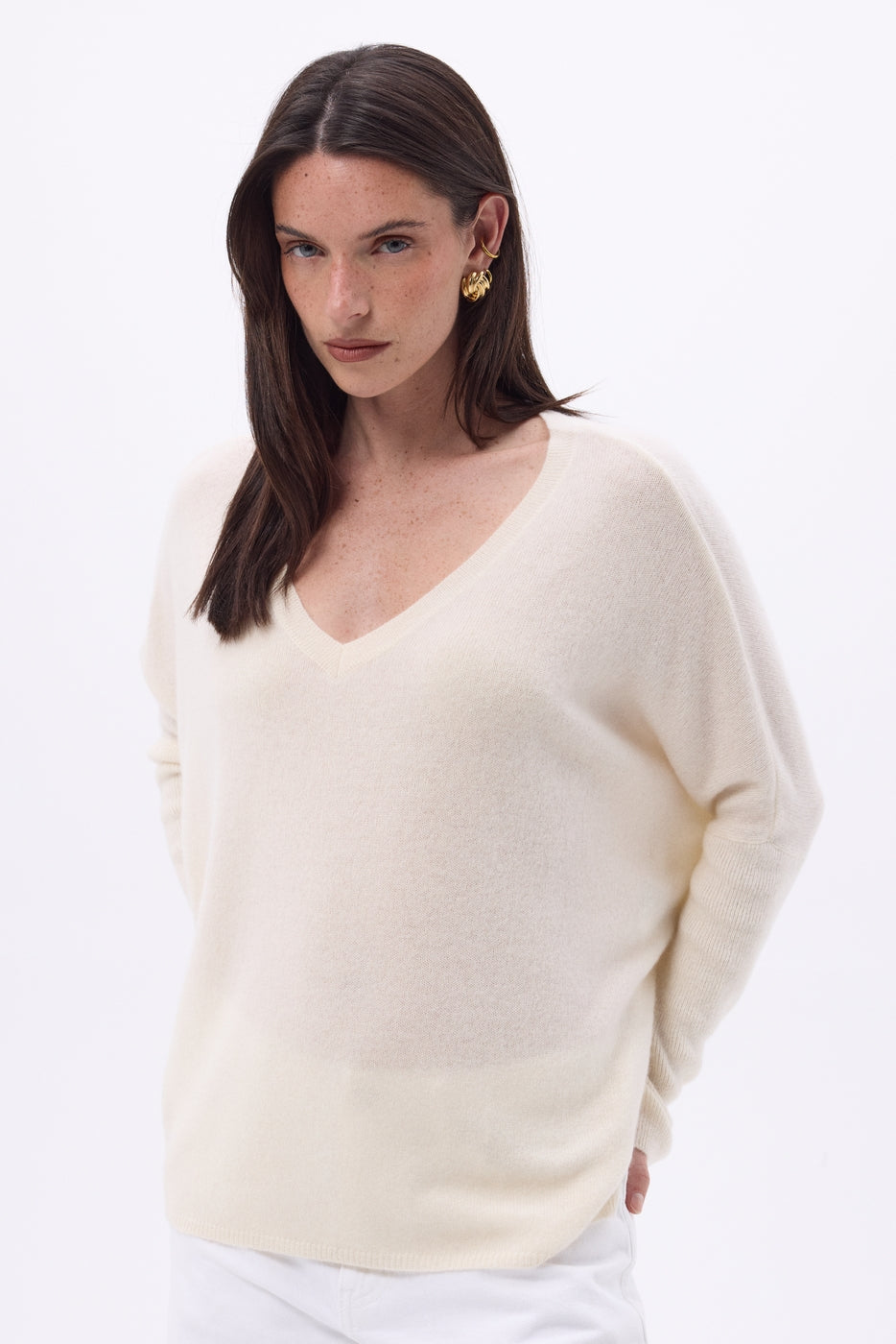 Maglione poncho Celeste con scollo a V - Bianco - Donna - 100% cashmere