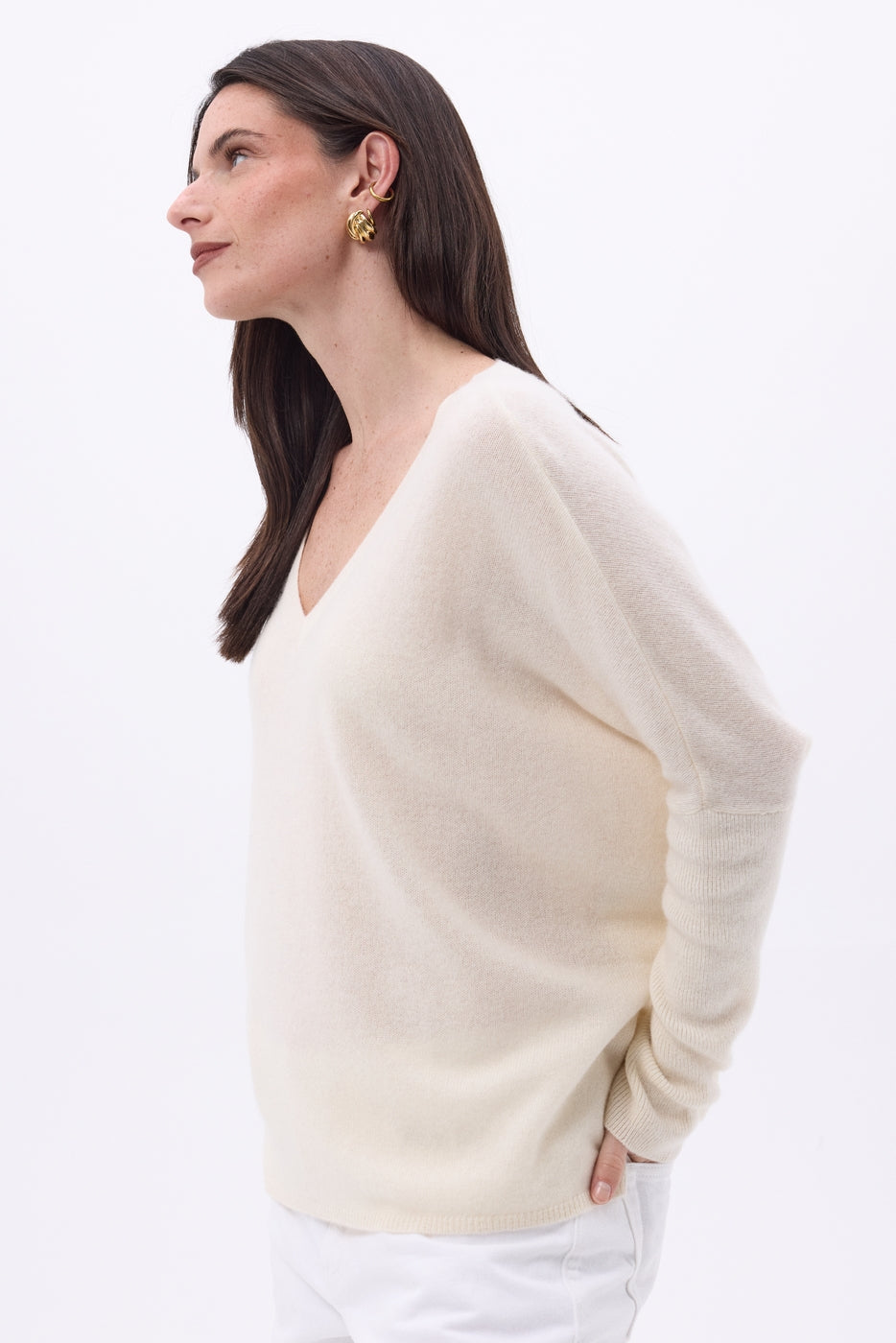 Maglione poncho Celeste con scollo a V - Bianco - Donna - 100% cashmere