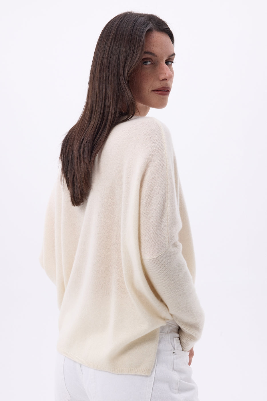 Maglione poncho Celeste con scollo a V - Bianco - Donna - 100% cashmere