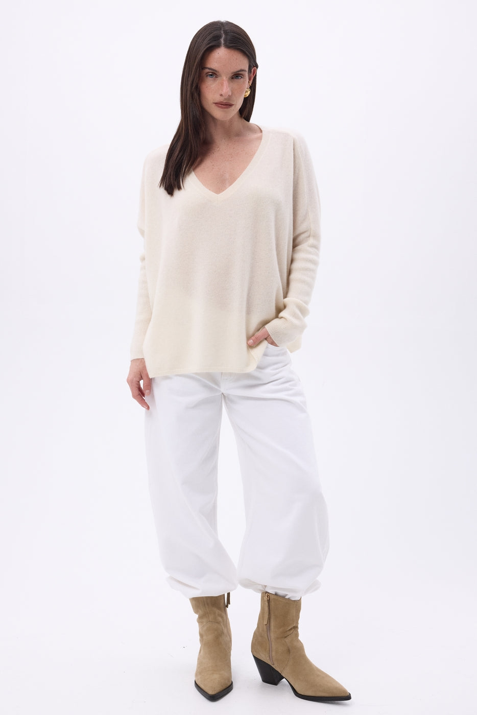 Maglione poncho Celeste con scollo a V - Bianco - Donna - 100% cashmere