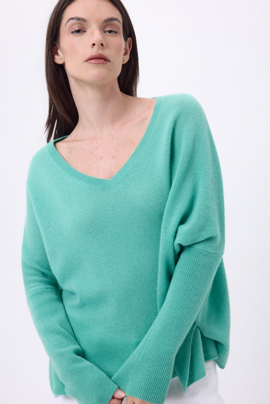 Maglione poncho scollo a V Celeste - Verde pastello - Donna - 100% cashmere
