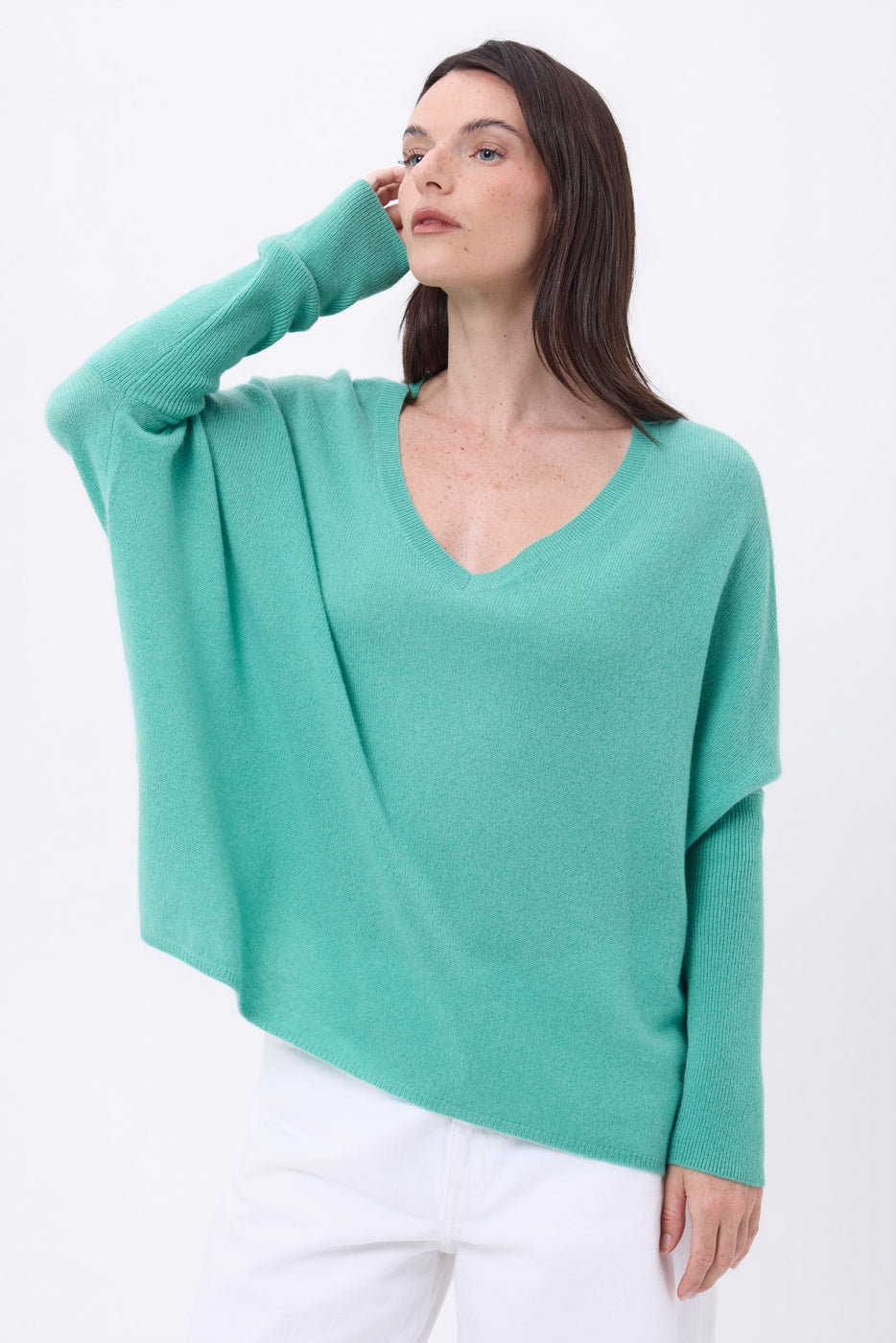 Maglione poncho scollo a V Celeste - Verde pastello - Donna - 100% cashmere