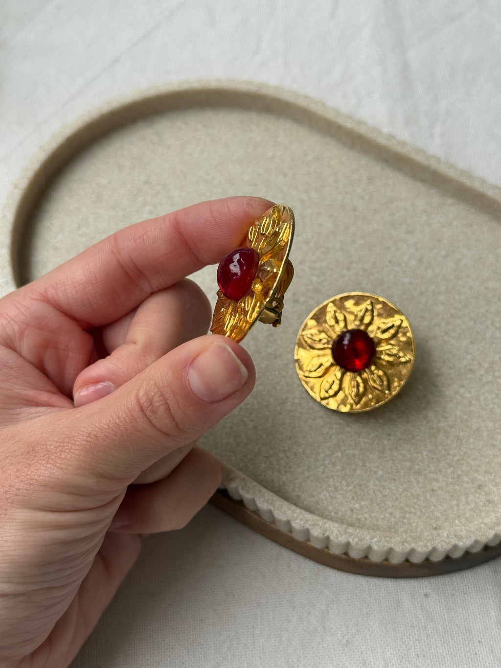 Vintage Carita Earrings - Golden Flowers and Red Cabochon