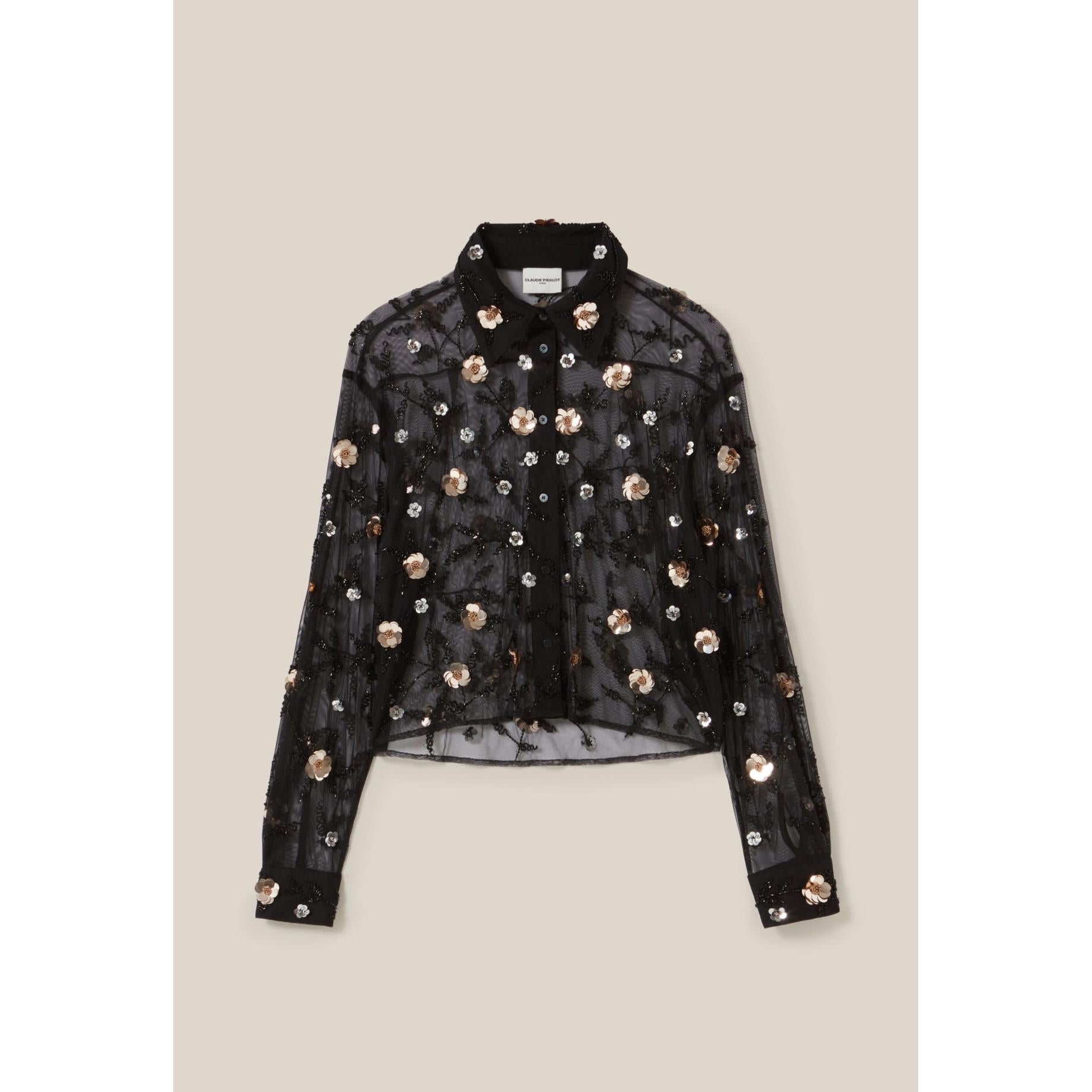 Claudie Pierlot - Camisa Negra Transparente Bordada