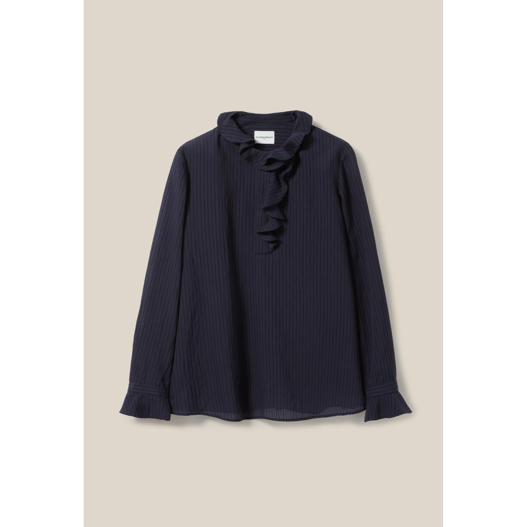 Claudie Pierlot - Blouse Rayée Volants Bleu Foncé