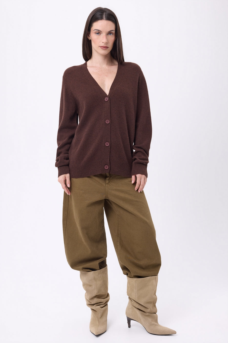 Cardigan Boyfriend Scollo a V Giada - Marrone Cioccolato - Donna - 100% Cashmere