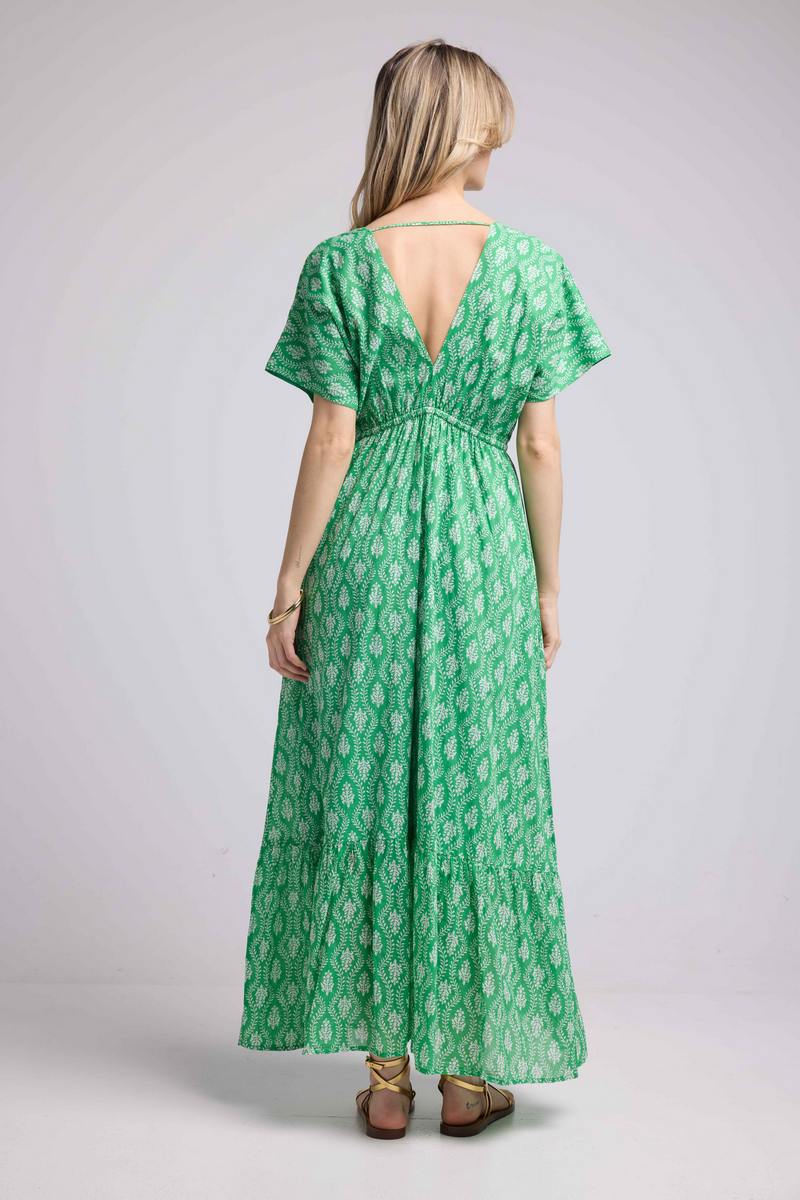 Vestido Largo Manga Corta - Rosetones Verdes